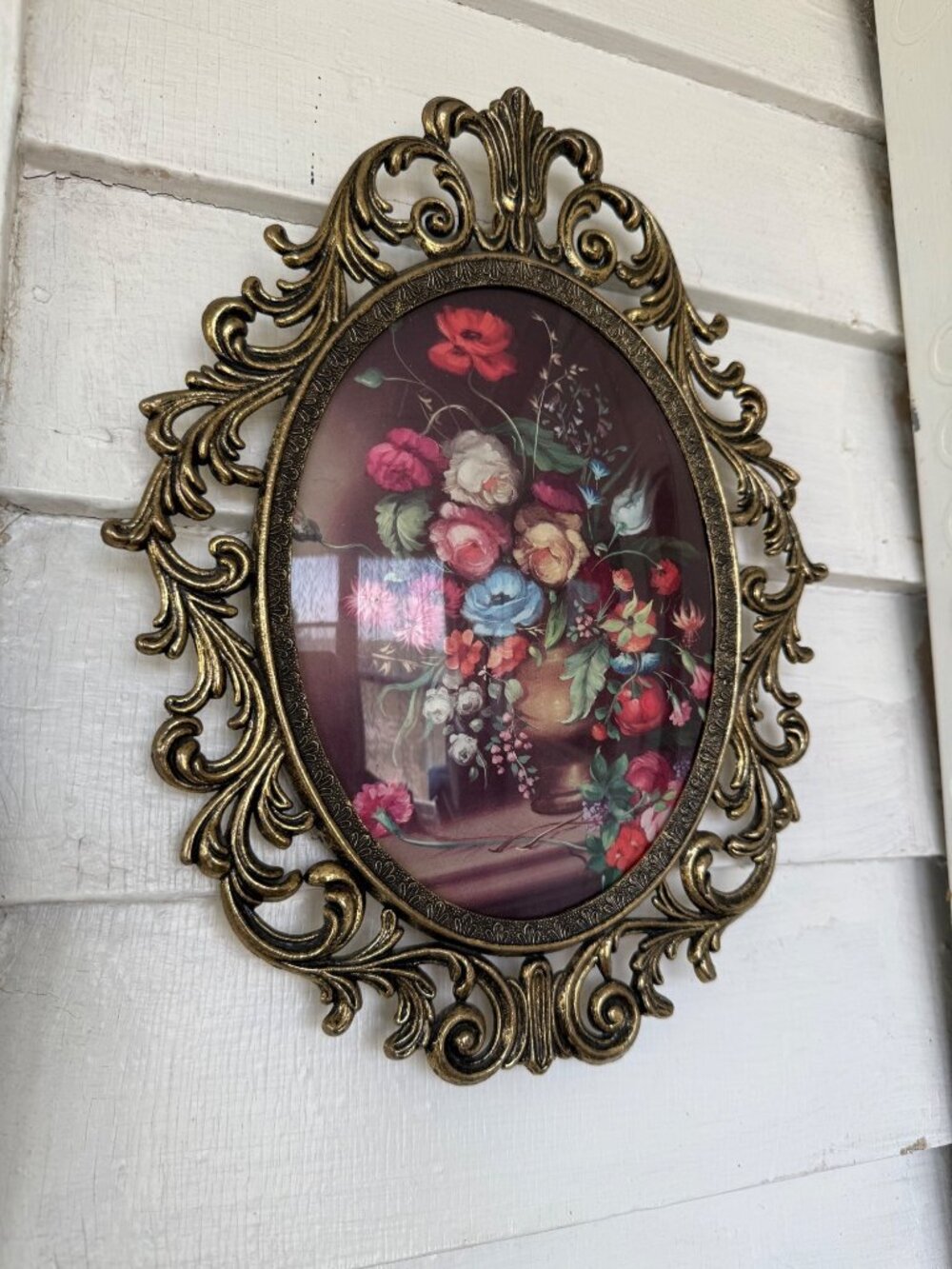 Vintage 1960s Italian Metal Frame Convex Glass Floral Bouquet Print 13x10"